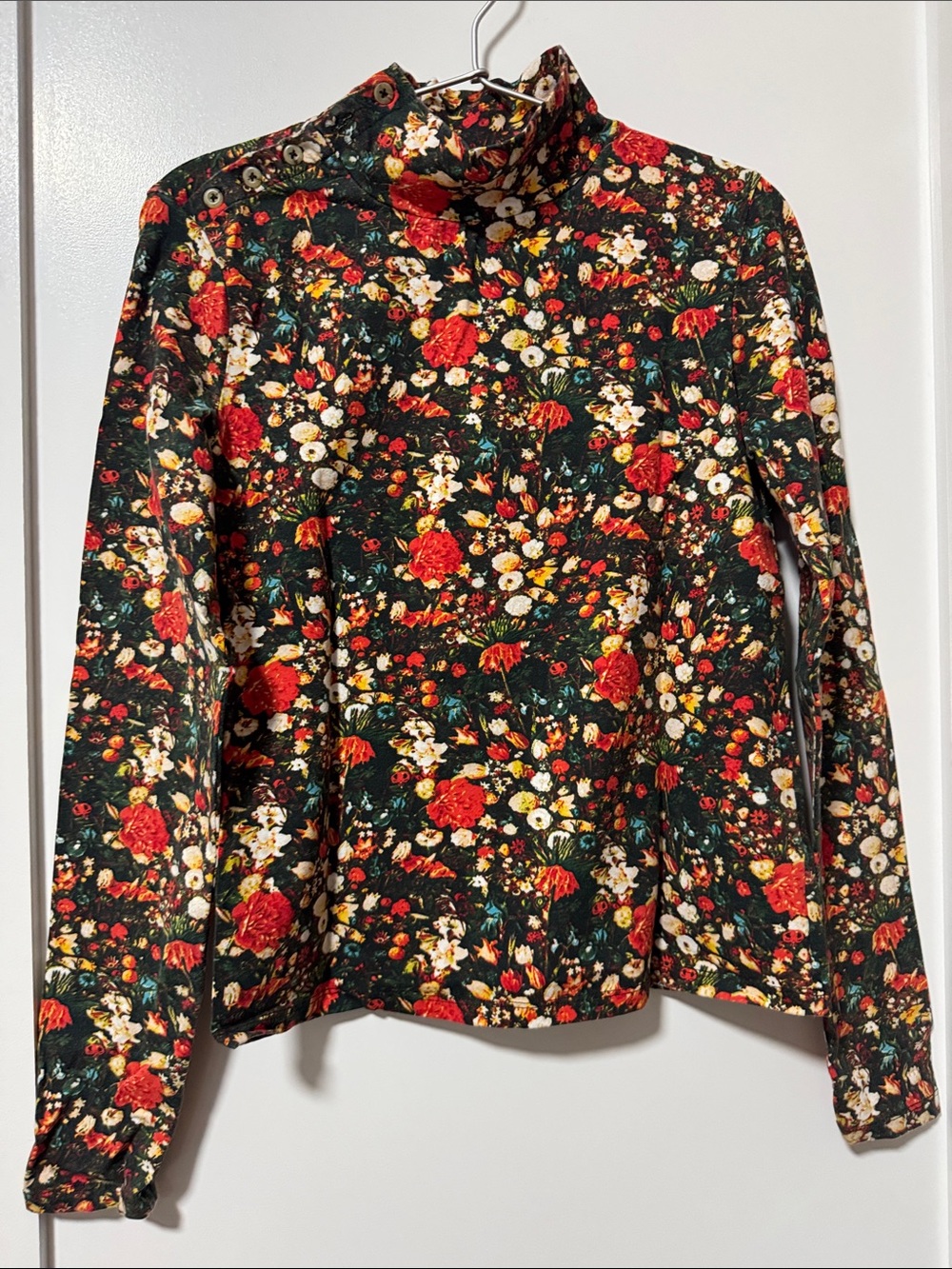 Maeve Black Floral Mock Neck Long Sleeve Top with Red & Cream Flowers